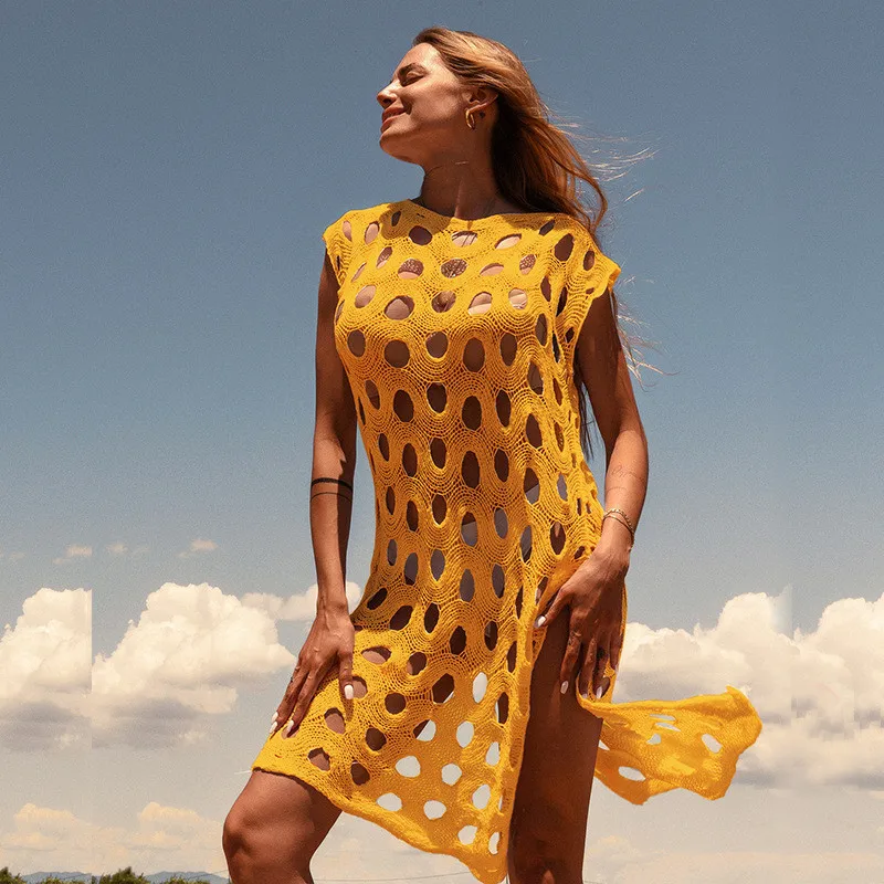 Robe tricotée au Crochet pour femmes, Sexy, ajourée, vêtements de plage, bikini, Cover-Up, mode, col rond, tenues de vacances, noir et blanc