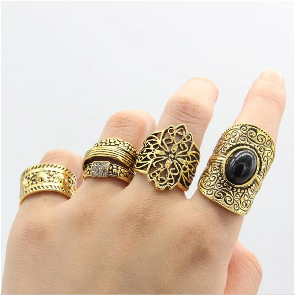 4Pcs/Set Vintage Silvery Golden Hollow Flower Sun Totem Ring Nepalese Tibetan Bohemian Ethnic Black Gem Finger Rings Jewelry