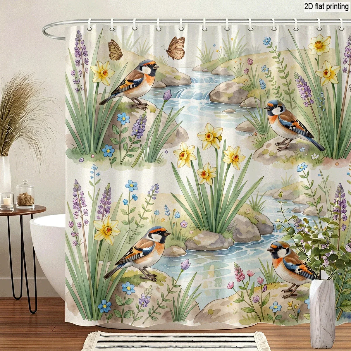 Luxurious Aesthetic Nature Floral Shower Curtain Boho Spring Garden Print for Bathroom Decor Polyester Material Stream Birds