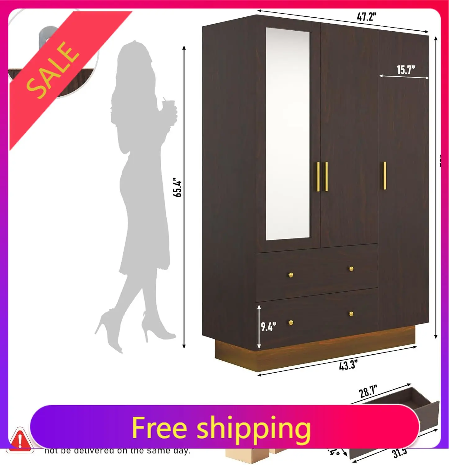 

3 Door Wardrobe Closet with Mirror & LED Lights, Bedroom Armoire with Drawers & Shelves, Farmhouse Wooden Armoire Wardrobe Close