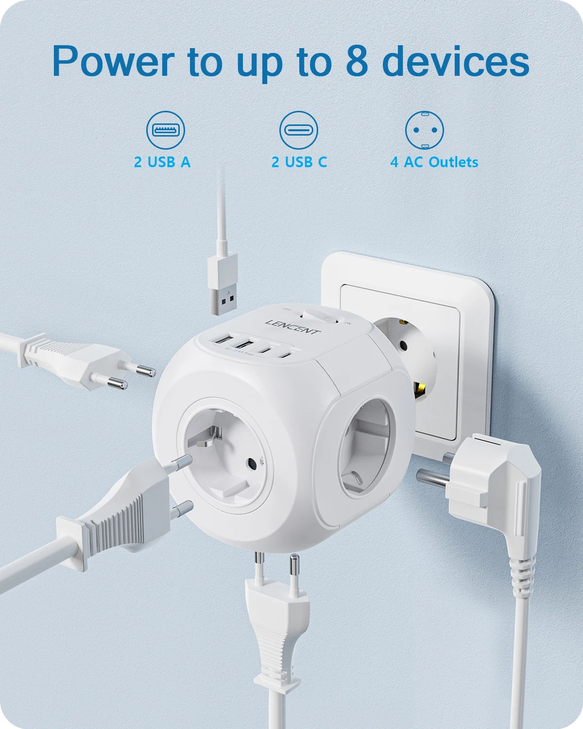 LENCENT EU Plug  Wall Socket Extender with 4 AC Outlets+2 USB-A +2 Type C Power Adapter 8-in-1 USB Charger with On/Off Switch
