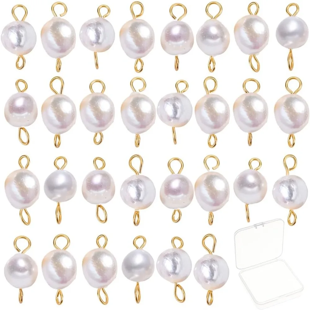 1 Box 30Pcs Freshwater Pearl Beads Double Loop Links Connectors Baroque Pearls Round Beads 304 Stainless Steel Connector