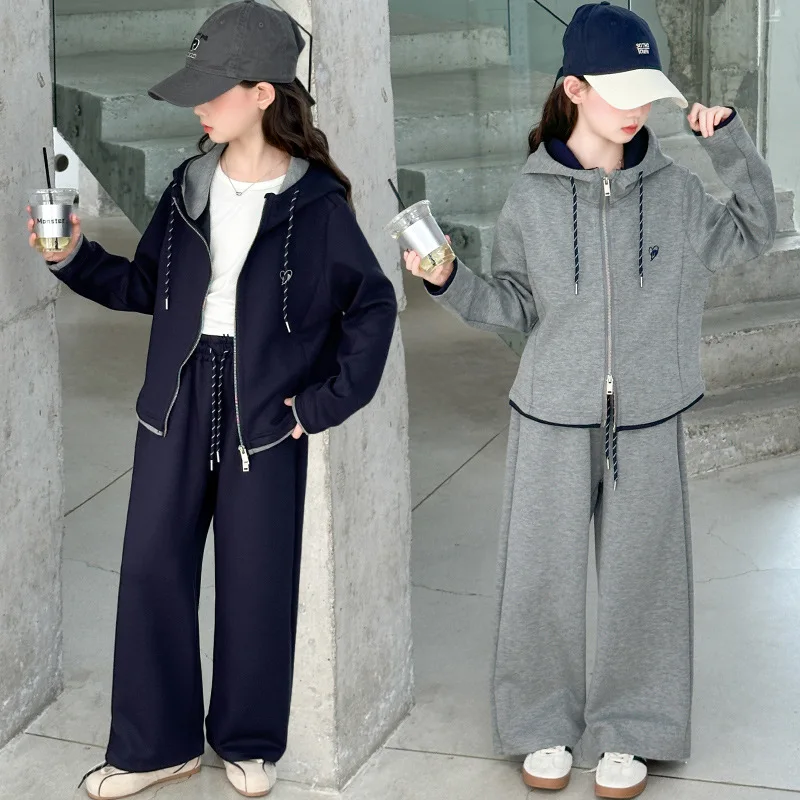 

Autumn Baby Girls Two-piece Sets Contrast Color Hooded Coat+Drawstring Sweatpant Children Girls Sets Casual 4-14Y Girls Sets