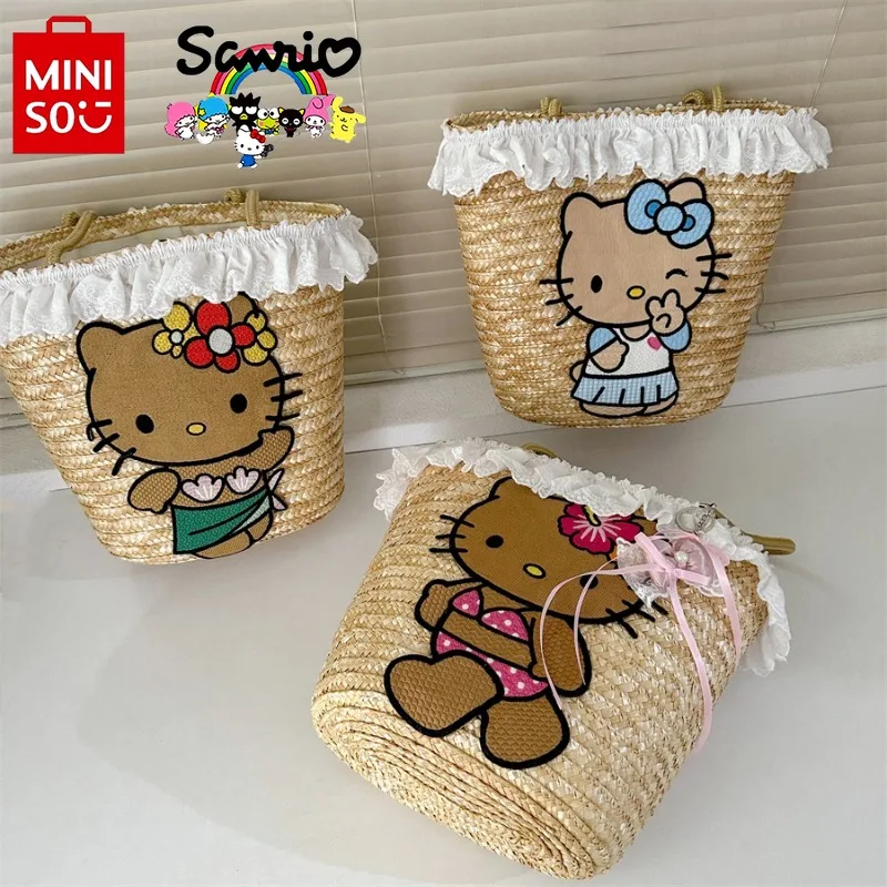 MINISO HelloKitty 2024 New Women's Grass Woven Bag Fashion High Quality Beach Handbag Small Fresh Lace Women's Vegetable Basket