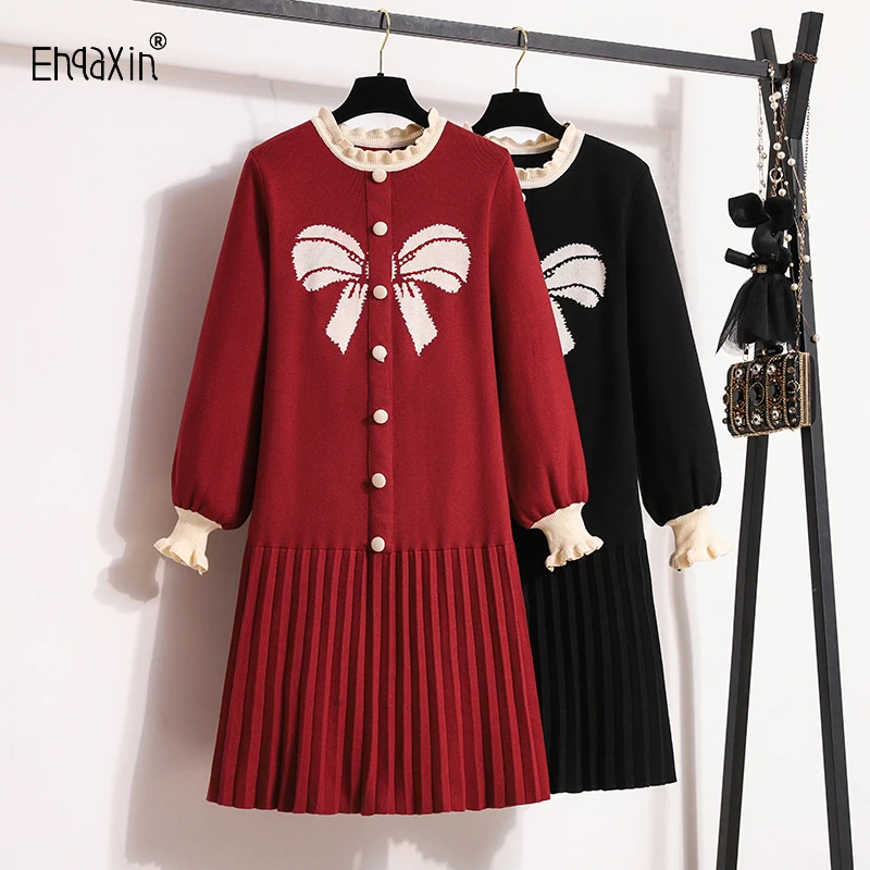 

EHQAXIN Women's Knitted Dress Fashion 2023 Autumn Winter New Butterfly Knit Ruffle Collar Pleated Loose Dresses Ladies M-4XL