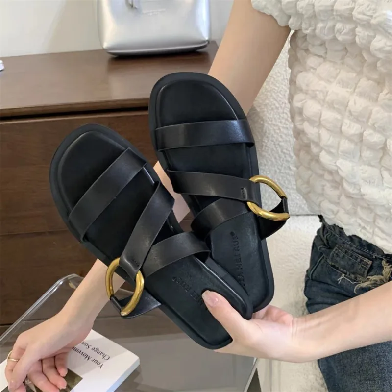 Flat Shoes Summer New Simple Metal Buckle Open Toe Flip-flops Comfortable Soft Soled Sandals Lazy Drag