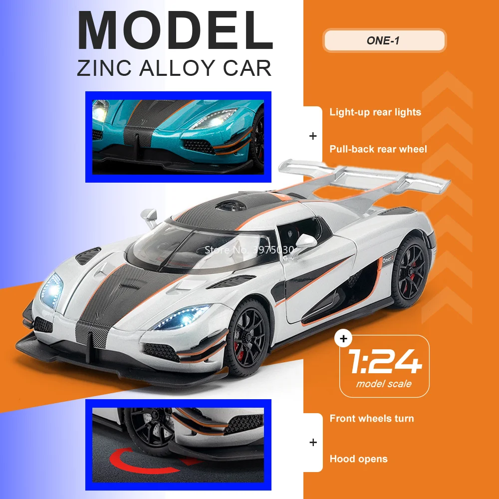 

1:24 ONE-1 GT-MK Sport Car Alloy Model Diecast Miniature Toys with Sound Light Doors Opened Pull Back Vehices Cool Gifts for Boy