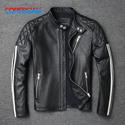 New fashion Men Leather Jacket 100% Genuine Cowhide Coat White Stripes Cool Biker Slim Short Autumn Leather Clothing.