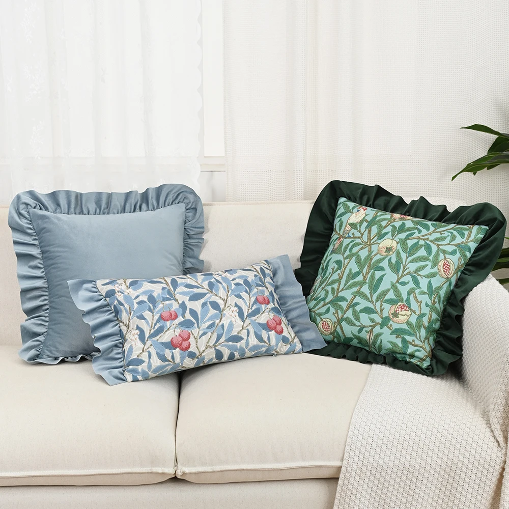 BUYNOW GreenBlue Flowers Jacquard Hollandaise Lace Pillowcase Vintage Pastoral Living Room Sofa Cushion Cover Home Bedroom Decor