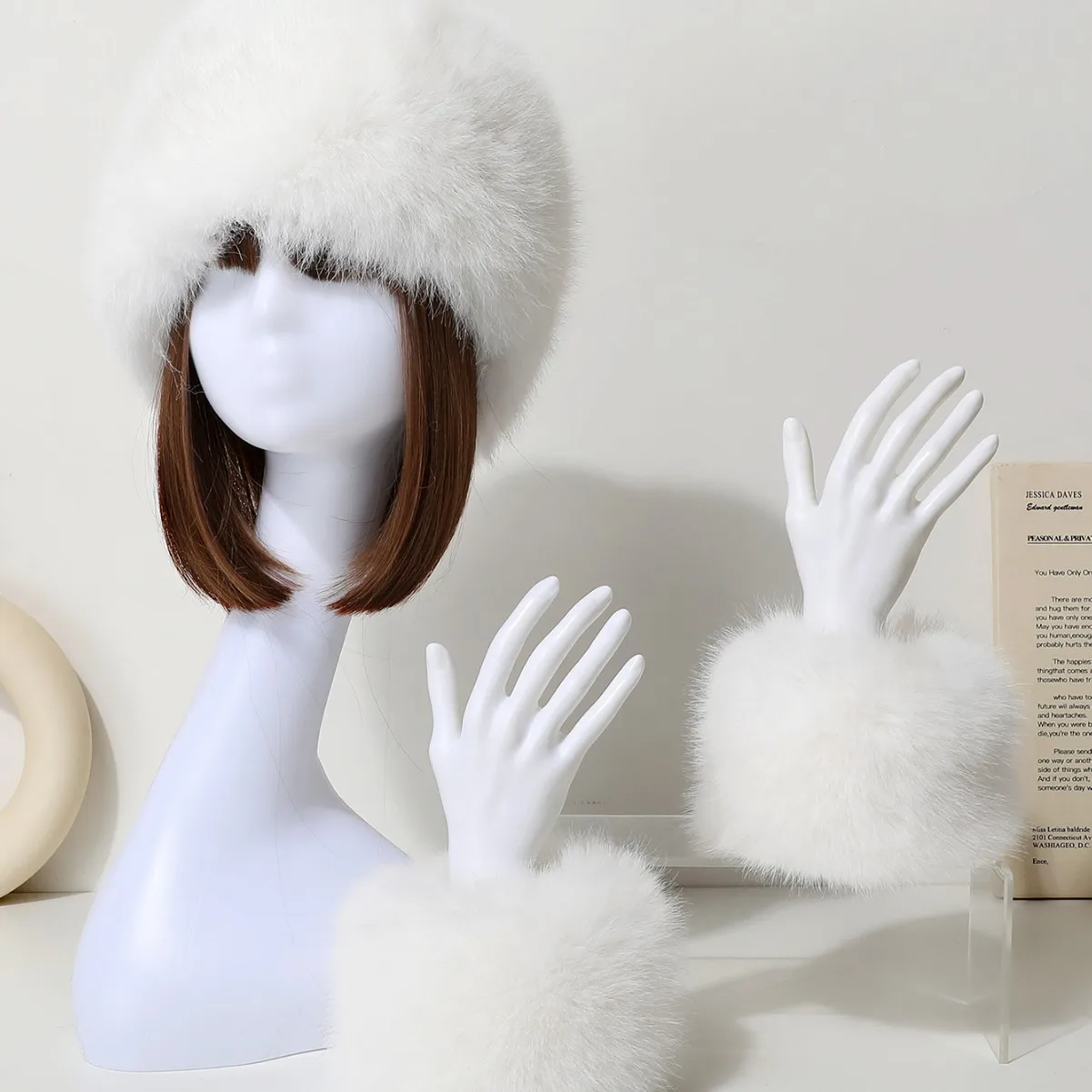 3pcs/Set Women Winter Faux Fox Fur Headband Hats Cuffs Fashion Warmth Female Wrist Sleeve Gloves Faux Fur Cap Russian Style