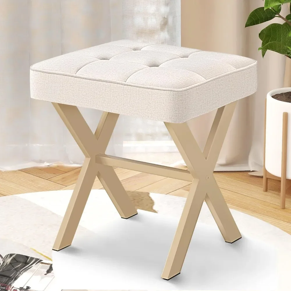 

Footstool, fabric mat dressing stool with mated metal X feet, small makeup stool, suitable for bedroom, living room, linen