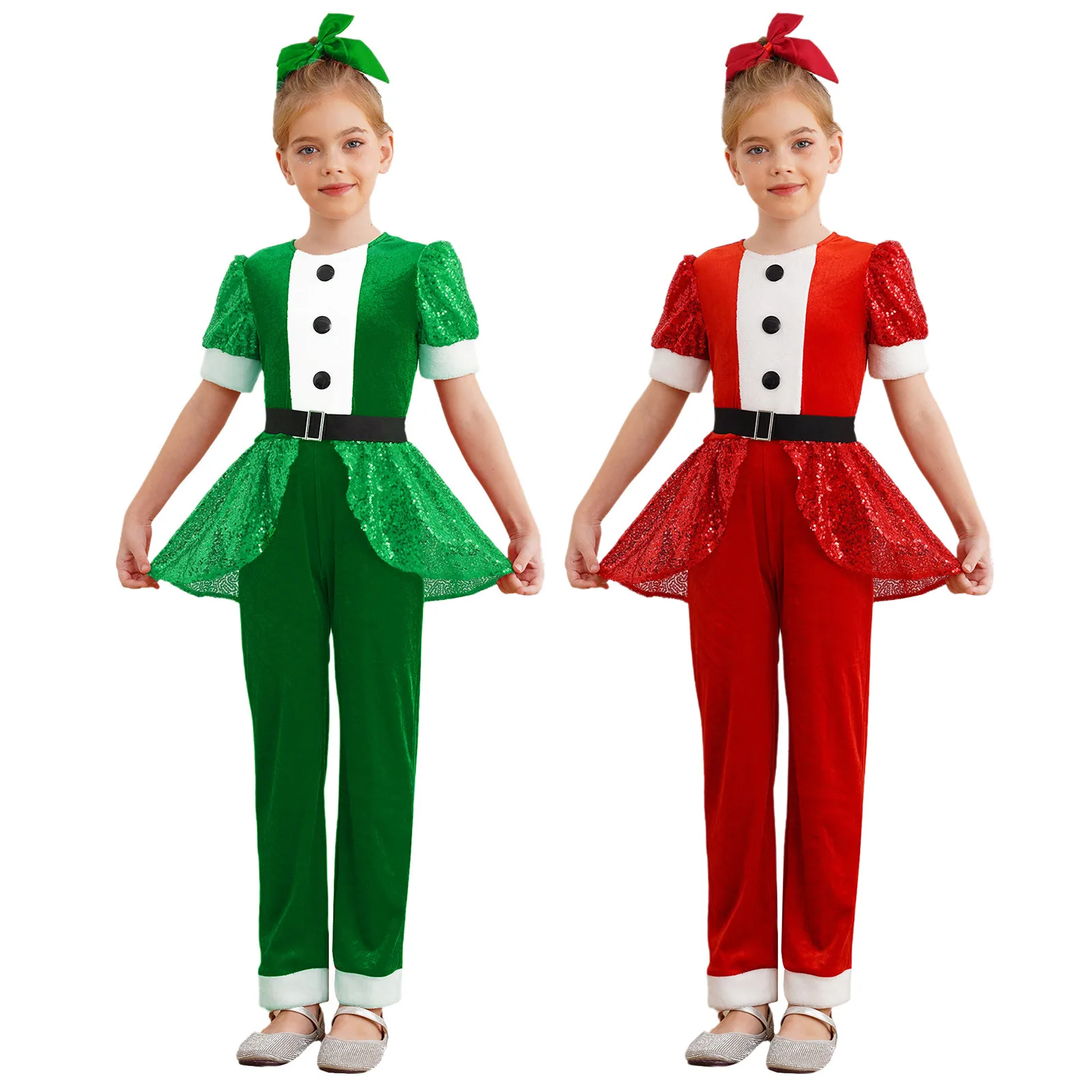 Children Girls Christmas Cosplay Costume Short Sleeve Sequin Velvet Jumpsuit with Belt Xmas New Year Party Ballet Dance Leotard