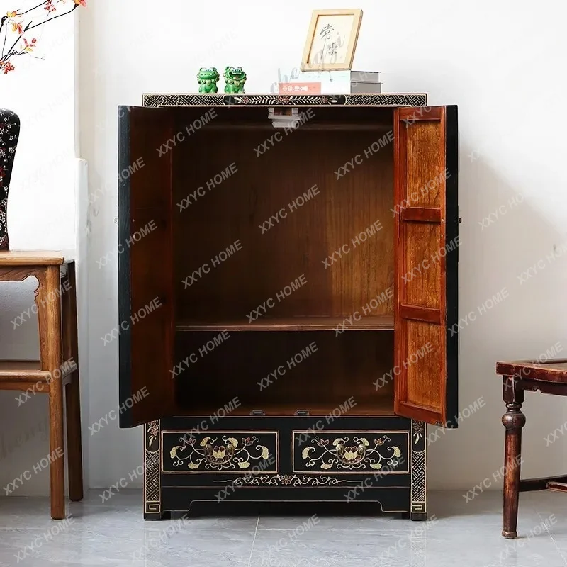 XXNew Chinese classical solid wood wardrobe butterfly flower painted double door locker