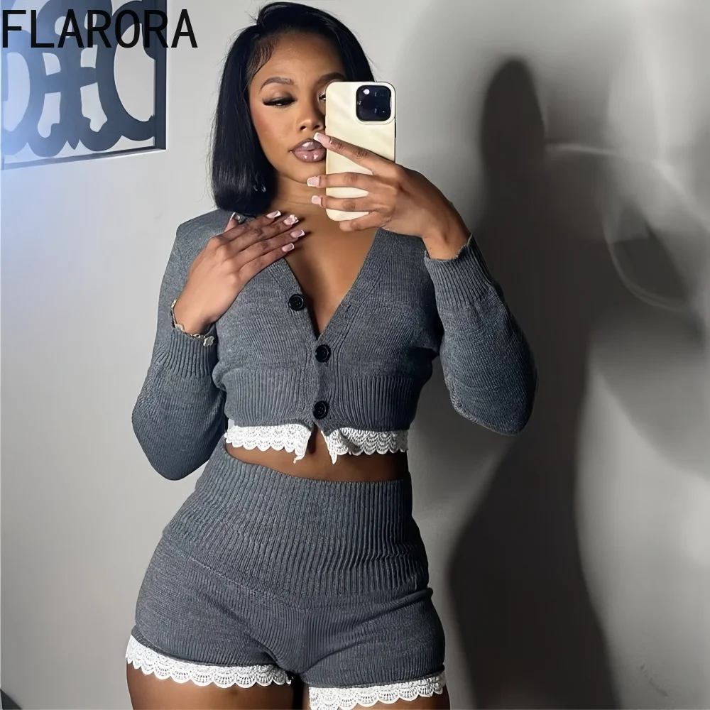 

FLARORA Elegant Lace Patchwork 2 Pcs Sets Woman V Neck Long Sleeve Crop Tops And High Waist Shorts Outfits Street Trend Suits