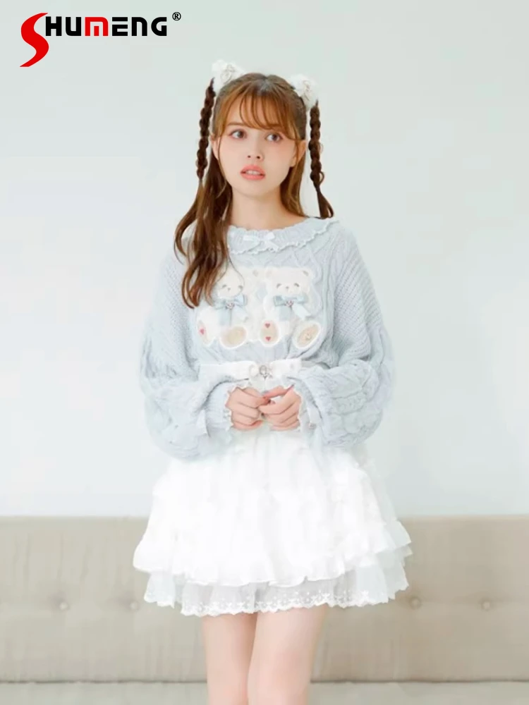 

Japanese Style Elegant Sweet Cute 3D Cartoon Plush Embroidered Bow Long Sleeve Knitted Pullover Sweater for Women Spring 2026