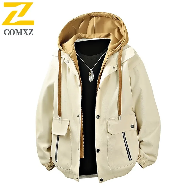 

COMXZ 2025 Men Women Couple Fake Two Piece Workwear Jacket Youth Outdoor Hooded Loose Fit Versatile Lightweight Coat