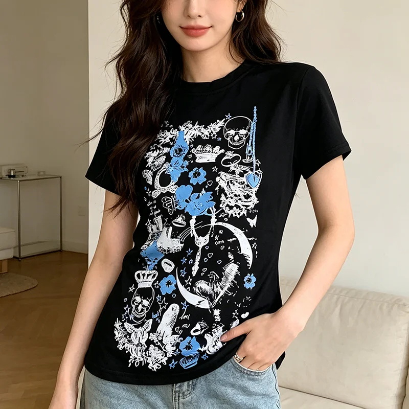 Women's Slim Fit round Neck T-shirt Summer New Skull Crown Printed Casual Versatile Top Short Sleeved Ysk Subculture