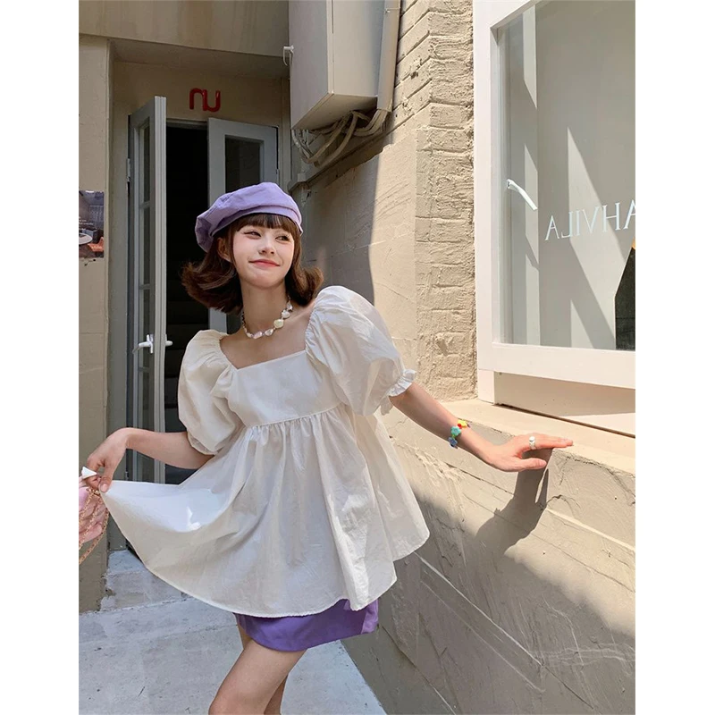 MEXZT Sweet Shirts Women Slash Neck Bandage Puff Sleeve Blouses Summer Korean Cute Off Shoulder Square Collar Loose Casual Tops