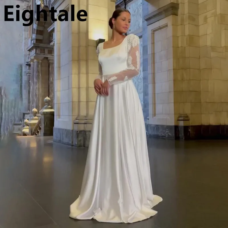 

Eightale White Long Sleeve Square Neck Evening Dresses Side Slit Dubai A-Line Celebrity Formal Party Gown Satin Prom Dress