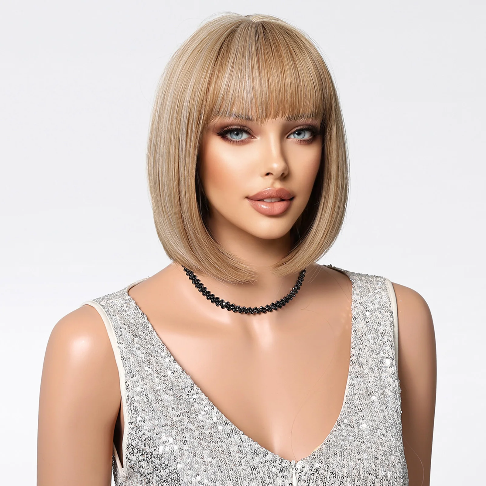 ALAN EATON Synthetic Short Platinum Mixed Blonde Straight Wigs with Bangs for Women Daily Use Natural Wig High Temperature Hair
