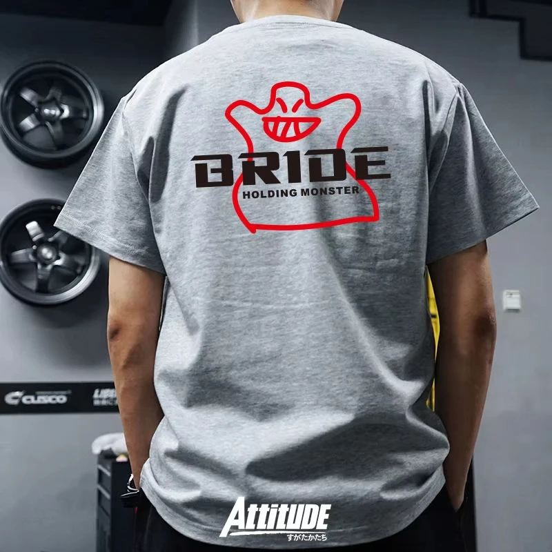 2026 New Bride Holding Monster Racing T Shirt Back Print JDM Car Culture Graphic Unisex Casual Cotton Short Sleeve Tee