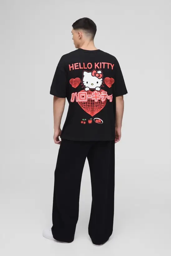 Men Loose Oversized T‑Shirt Hello Kitty Japanese Text Heart Cherry Back Graphic Print Black Short Sleeve Streetwear Tee