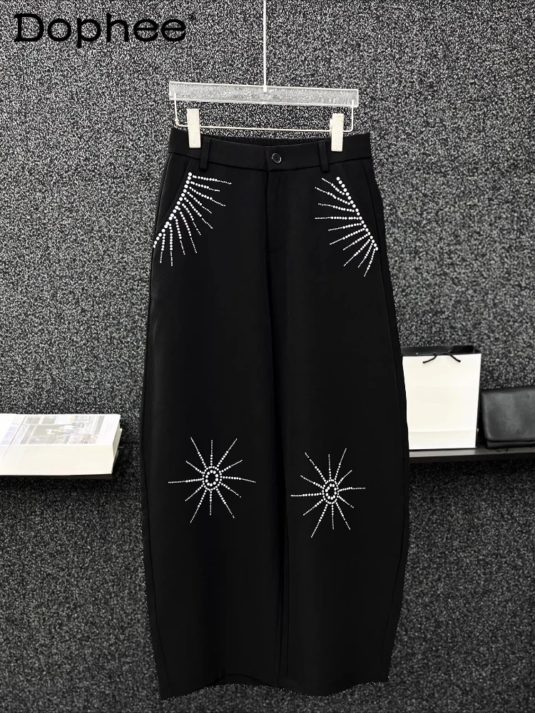 

High-end Bead Decorative Curved Trousers Men's 2025 Spring Autumn New Fashion Versatile Loose Wide-leg Trousers Long Suit Pants