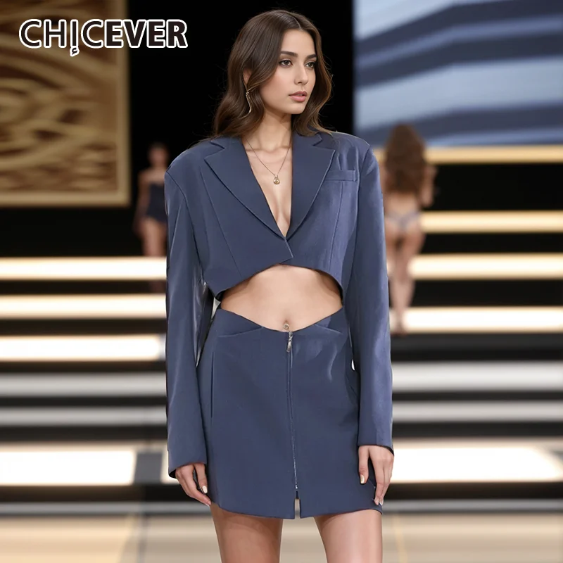 

CHICEVER Streetwear Patchwork Dresses For Women Notched Collar Long Sleeve High Waist Hollow Out Spliced Zipper Dress Female New