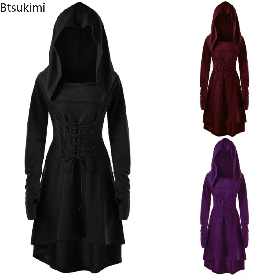 Damen Mittelalter Cosplay Renaissance Bogenschützen-Kostüm Kapuzenrobe Schnürpullover Langer Hoodie-Kleid Umhang Halloween-Party-Kostüm