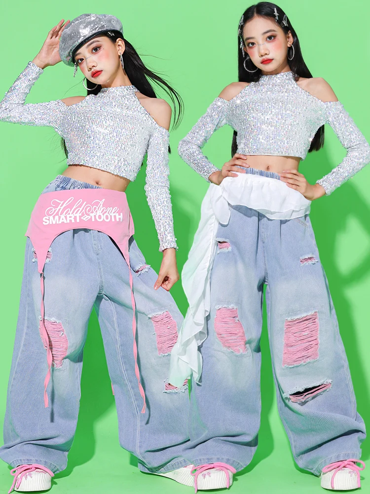 Girls Kpop Dance Costume Kid Jazz Stage Show Performance Clothing Silver Sequins Top Hip Hop Denim Pants Street Dance Wear 2748