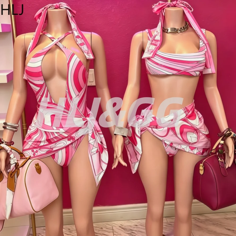 HLJ Sexy Women Pink Abstract Print One Piece Swimsuit Wrap Skirt Halter Cross Neck Deep V Cutout Bathing Suit Matching Summer