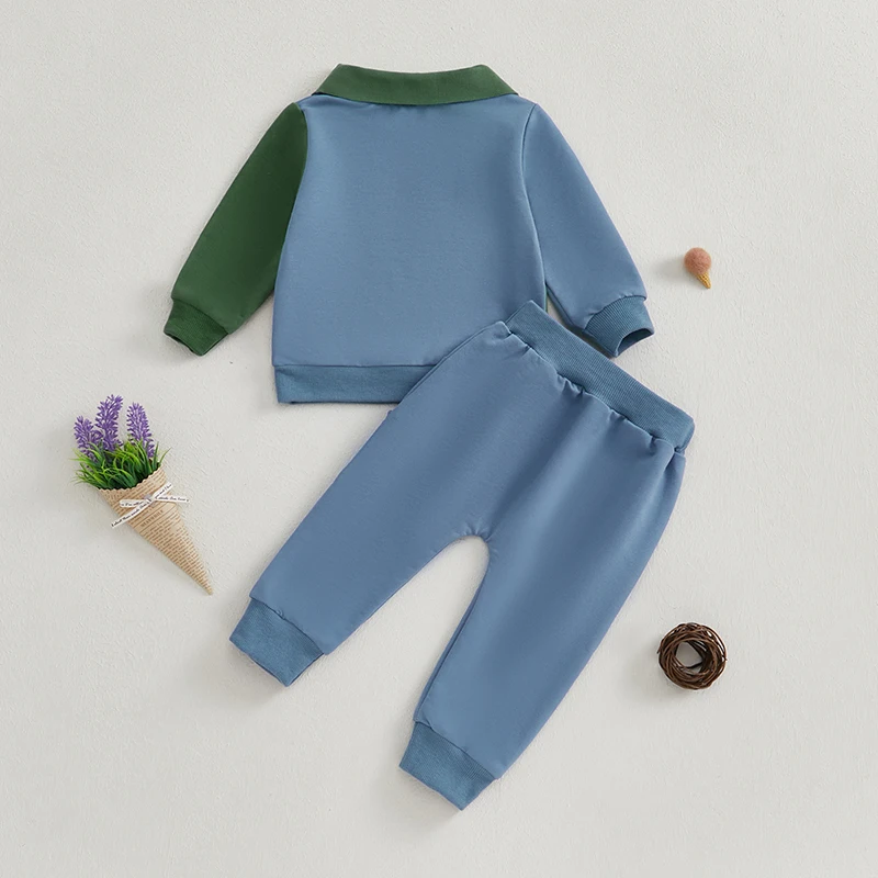 Infant Boy 2-Piece Autumn Ensemble with Long Sleeve Lapel Collared Sweatshirt and Pants - Toddler Clothing Set