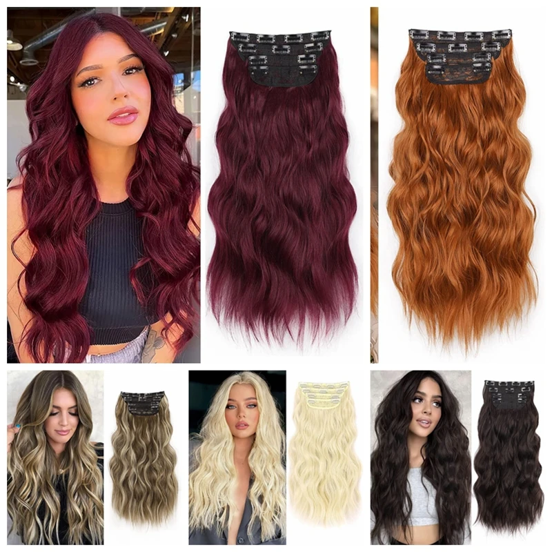 Long Wavy Natural Synthetic  Hair Extension Blonde Black 4 Clip Invisible Wire Hair Extensions for women