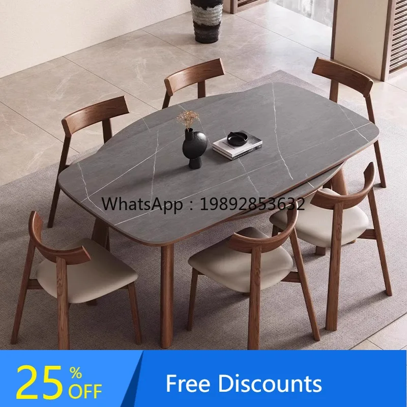 

Extendable Rock Slab Solid Wood Dining Table for Home Use, Small Apartment Convertible Round Table, Modern Simple Light