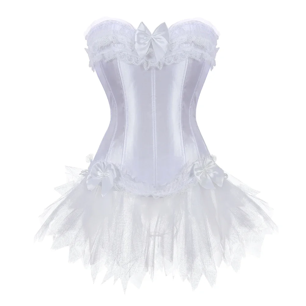 

White Corset Tutu Skirt Bustier Lace Party Showgirl Dance Dress Plus Size Gothic Sexy Overbust Burlesque Exotic Costumes