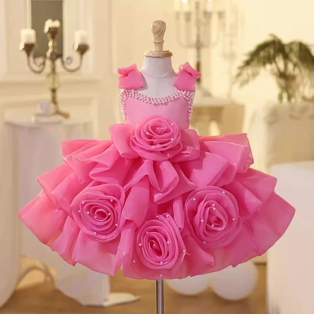 luxury Girls Princess Rose evening dress Children pearl Bow tutu Wedding Gown Kids Dresses baby infant Birthday Party Dress