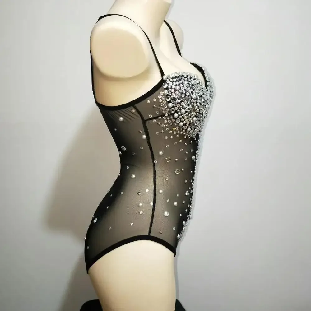 Sexy V Neck Perspective Mesh Striped Crystals Bodysuit Women Singer Stage Performance Costume Luxurious Gemstones Pearls Dress