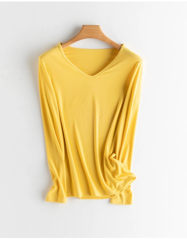 

Весенне-осенняя женская длинная футболка-свитер в рубчик с V-образным вырезом, повседневная, свободного кроя, из шелковистого трикотажа, эластичная, драпирующаяся