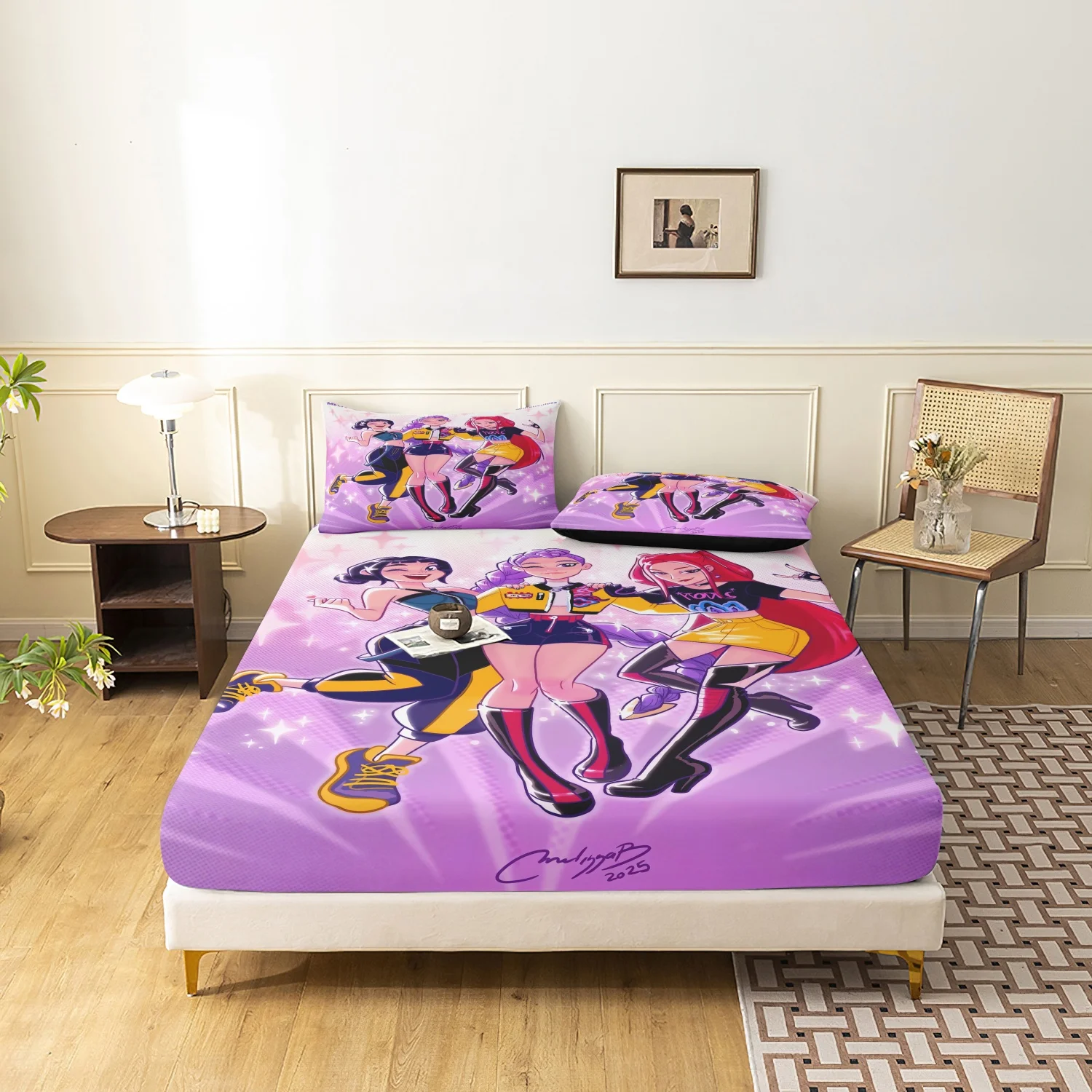 مجموعة ملاءات K-Pop Demon Hunters المجهزة مكونة من 3 قطع من شخصيات الرسوم المتحركة الناعمة، مناسبة لغرفة النوم ومجموعات ملاءات النوم لمحبي Netflix