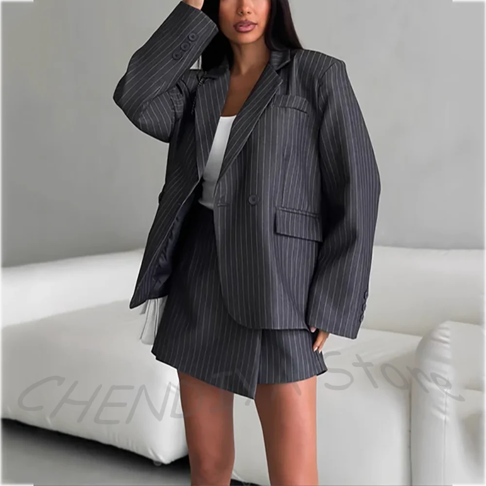 Stylish Notch Lapel Women Suits 2 Piece Jacket With Short Skirt Double Breasted Tailored Set Modern Style Chic Casual Outfit