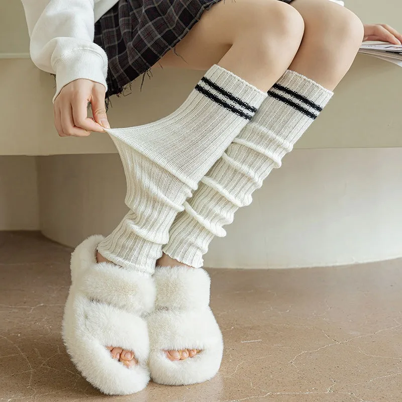 New Cotton Knitting Leg Warmers Lolita Striped Calf Women Long Socks Foot Cover Y2K Winter Crochet Heap Boot Cuffs Stocking