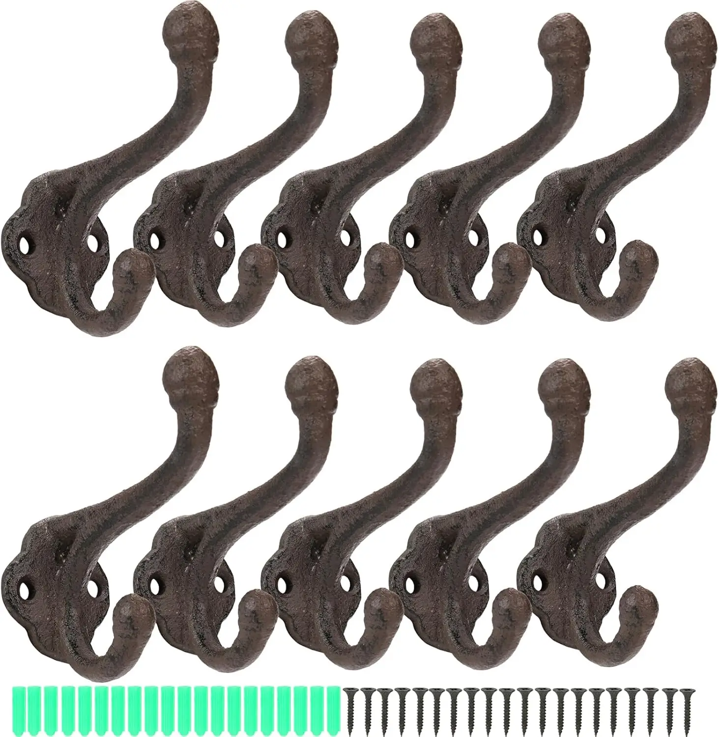 

10 Pack Cast Iron Coat Hooks, Heavy Duty Double Wall Hooks for Hanging Coats, Bags, Hats, Towels, Keys