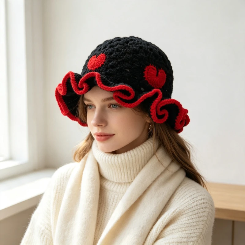 Women Crochet Bucket Hat Handmade Knitted Hat with Red Heart Pattern Ruffle Brim Autumn Winter Warm Hollow Out Fisherman Hat