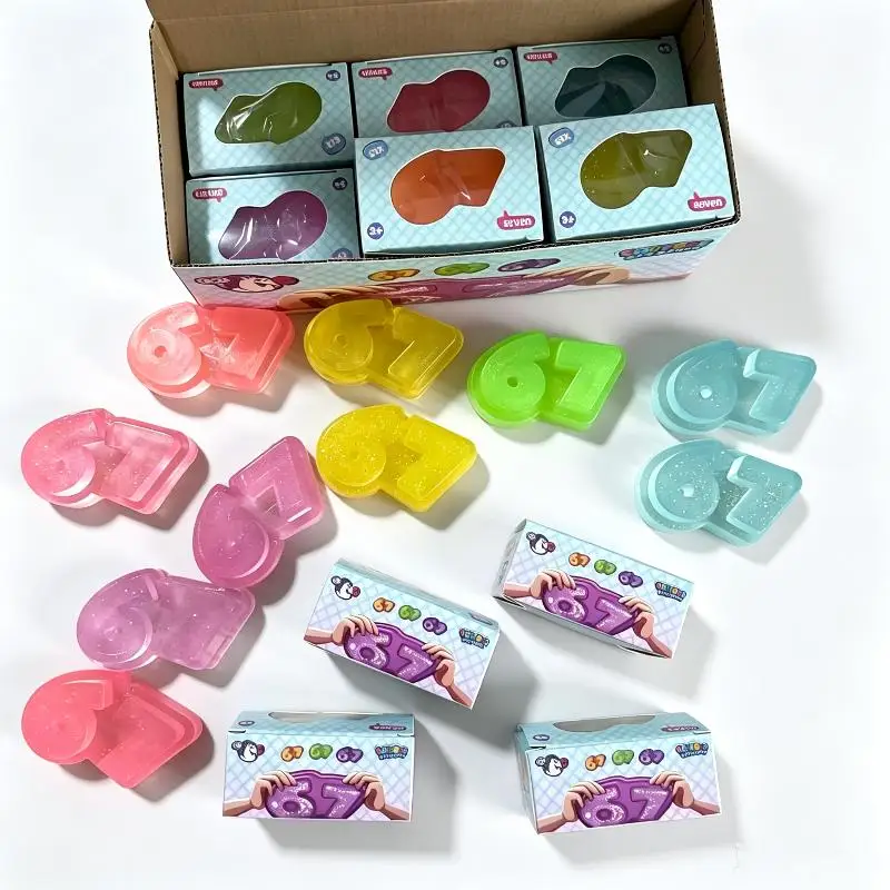 Number 67 TPR Squeeze Stress Relief Toy Transparent Glitter Squeeze Fidget Toy Soft Mochi Toys For Kid Adult Gift Desktop Decor