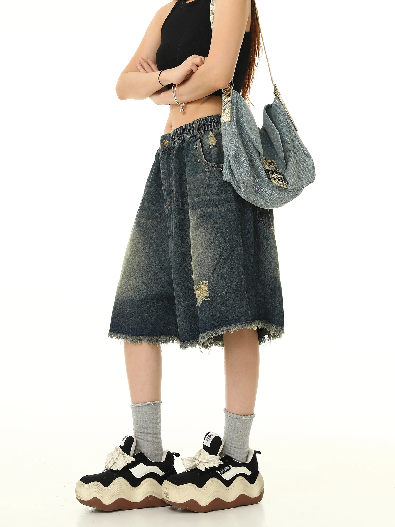 

Wild American Retro Waed Hole Denim orts Loose Elastic Waist Women's Sle Summer Street Faion Jeans Loose Wide Leg Fiv...