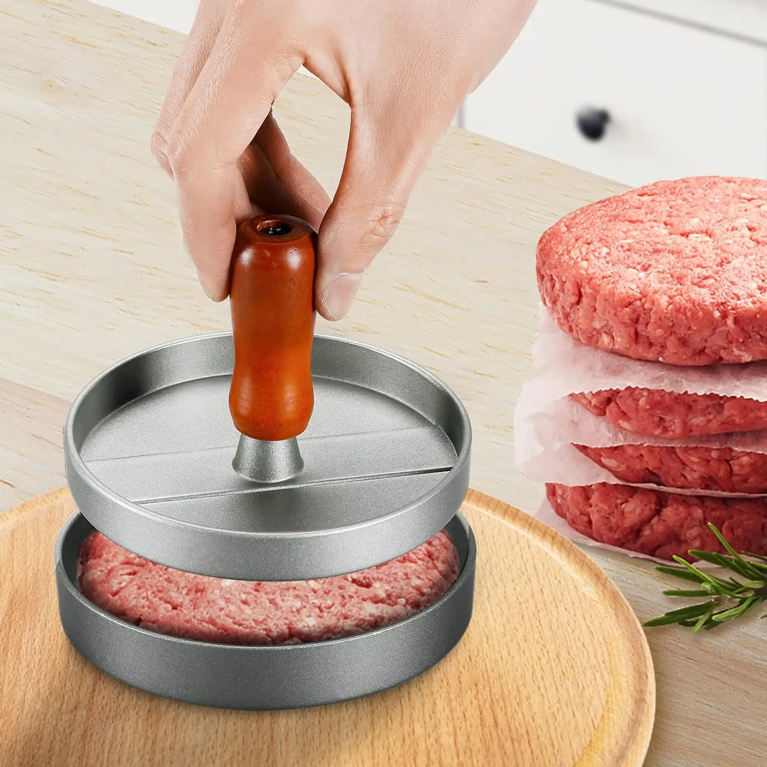 Hamburger Meat Press Patty Maker Stainless Steel Hamburger Mold Non-Stick Burger Meat Maker with 100 Patty Papers Kitchen Grill