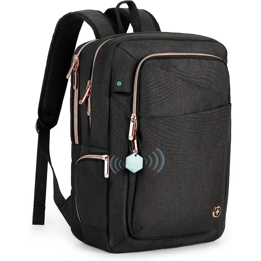 Swissdigital Design Business-Rucksack für Damen mit roségoldfarbenen Reißverschlüssen, College-Reise-Laptop-Rucksack mit Apple Find My N