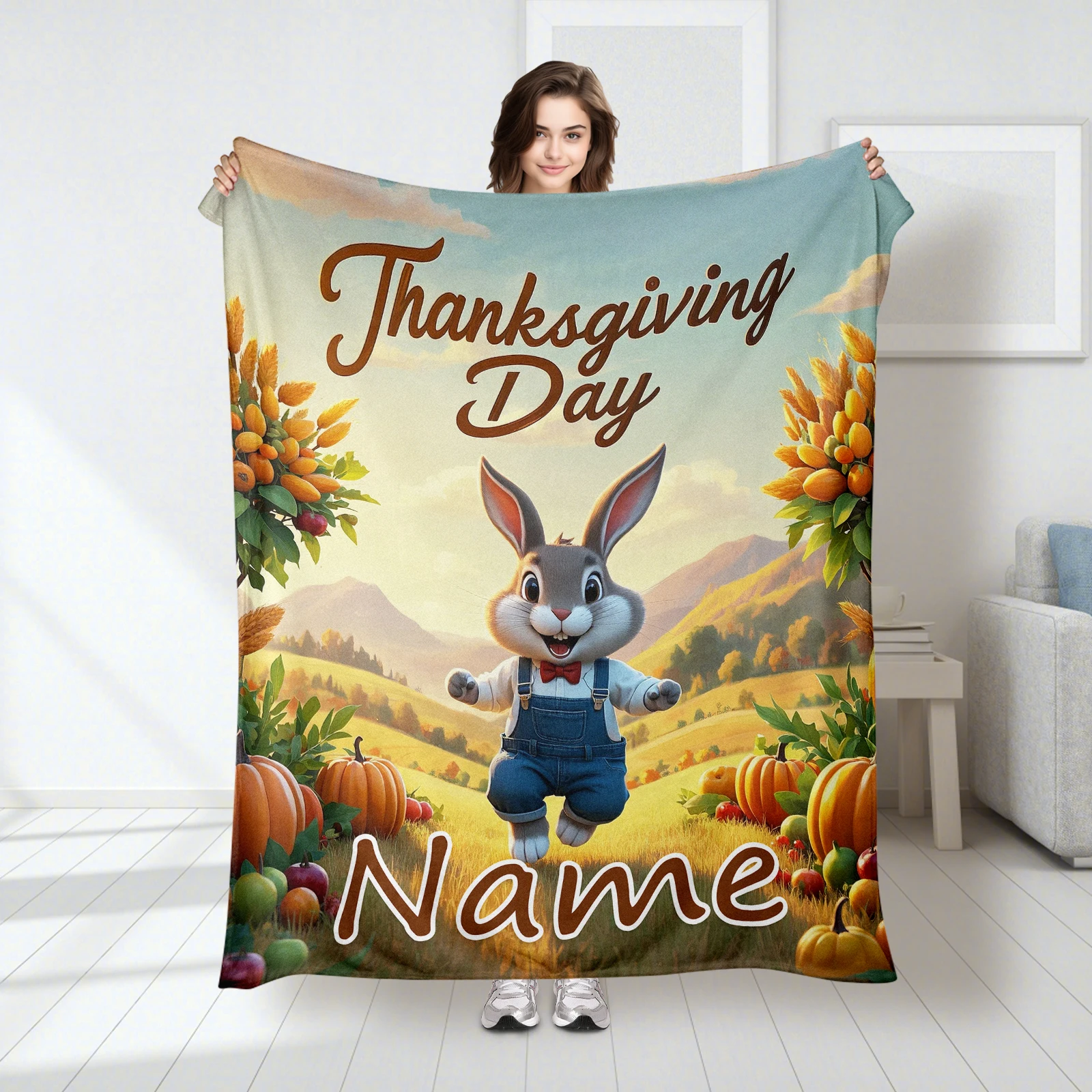 

Custom Flannel Blanket Including Cartoon Rabbit Patterns And An Area To Add Your Own Heartfelt Greeting