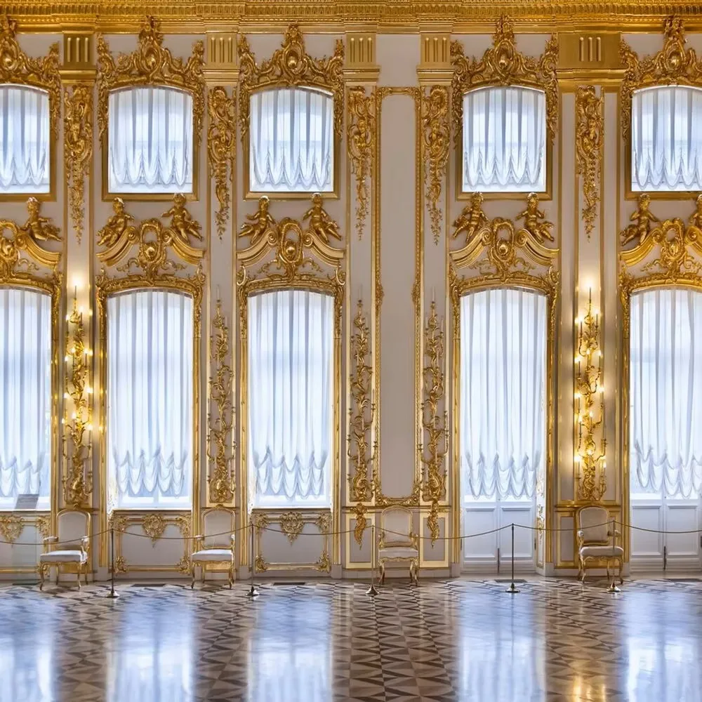 

Cymbozin Interior Palace Photography Backdrops Printed Gold Mosaic Curtains Bright Windows Luxury Photo Studio Backgrounds