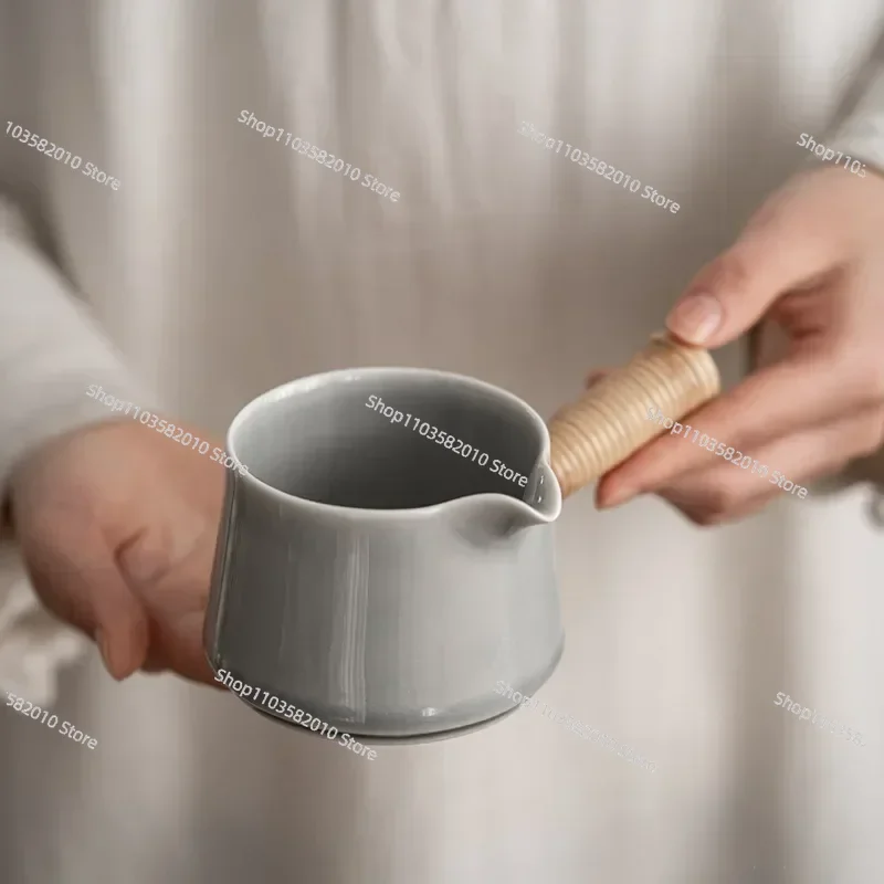Japanese Style Ice Gray Smoky Gray Glaze Fair Cup, Porcelain Side Handle Tea Mug with Infuser for Tea & Seafood